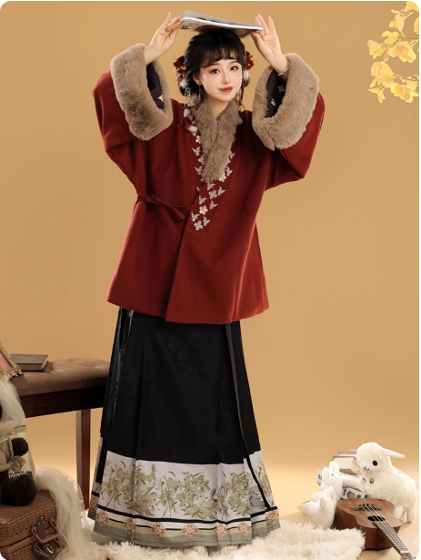 [年年]Ming Dynasty Hanfu Aoqun Straight Collar Short Coat Horse Face Skirt Set
