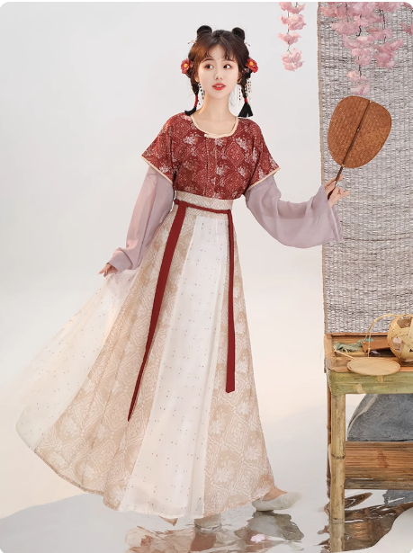 [小唐春]Tang style Hanfu waist length Ruqun round neck shirt with eight torn skirts beizi