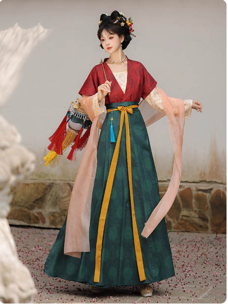 Tang style Hanfu waist length Ruqun eight torn skirt set