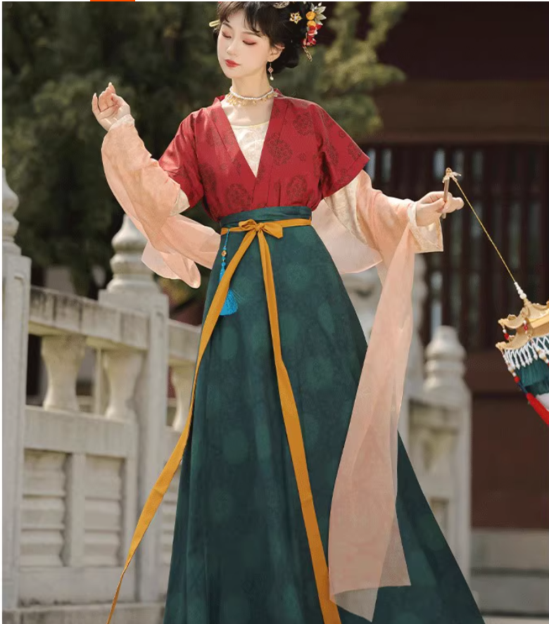 Tang style Hanfu waist length Ruqun eight torn skirt set