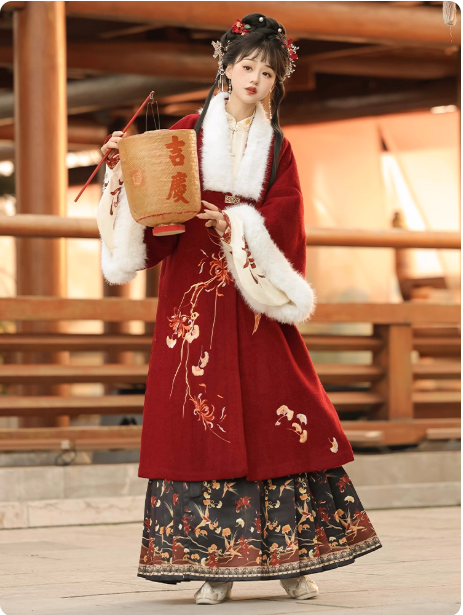 Ming Dynasty Hanfu Aoqun horse face skirt with thick velvet set