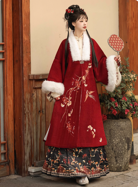 Ming Dynasty Hanfu Aoqun horse face skirt with thick velvet set