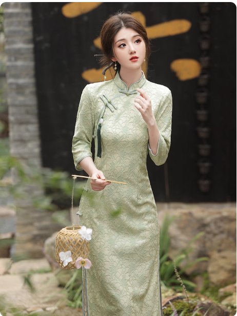 New Chinese style cheongsam long green dress