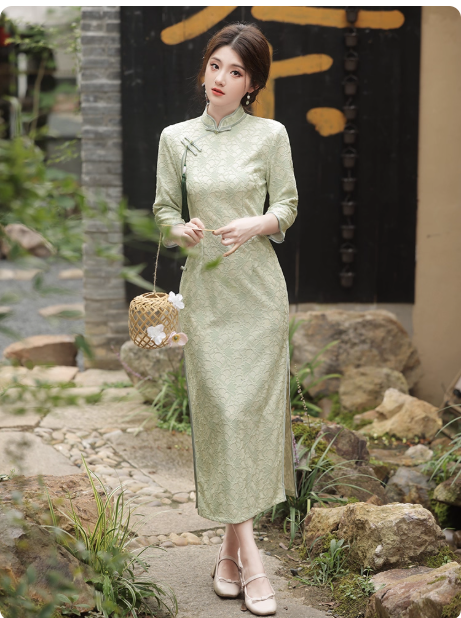 New Chinese style cheongsam long green dress