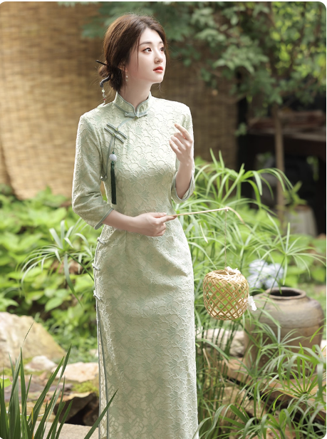 New Chinese style cheongsam long green dress