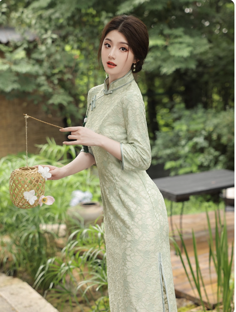 New Chinese style cheongsam long green dress