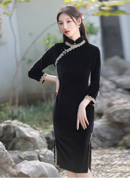 New Chinese Hanfu Black Cheongsam Long Sleeve Velvet