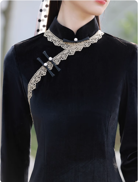 New Chinese Hanfu Black Cheongsam Long Sleeve Velvet