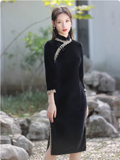 New Chinese Hanfu Black Cheongsam Long Sleeve Velvet