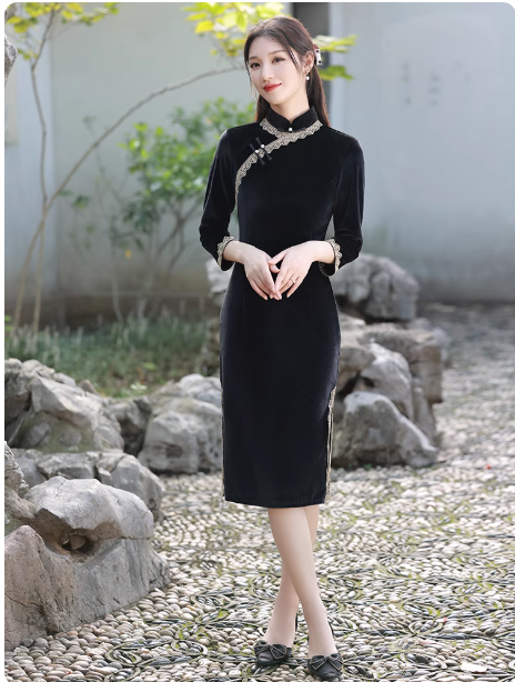 New Chinese Hanfu Black Cheongsam Long Sleeve Velvet