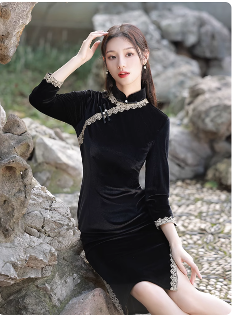 New Chinese Hanfu Black Cheongsam Long Sleeve Velvet
