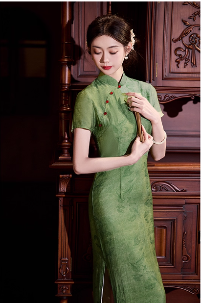 [绿草如茵]Green New Chinese Hanfu Qipao Dress