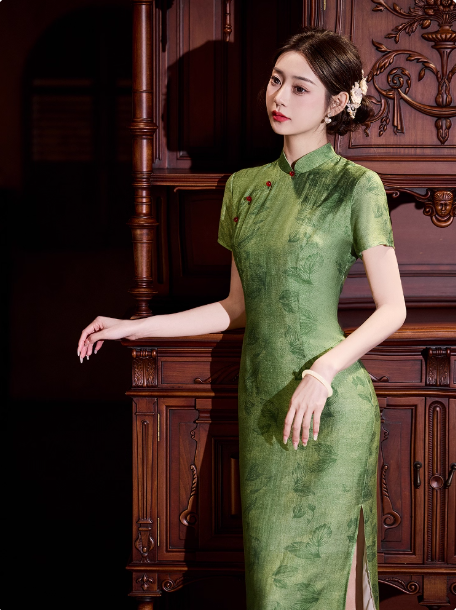 [绿草如茵]Green New Chinese Hanfu Qipao Dress