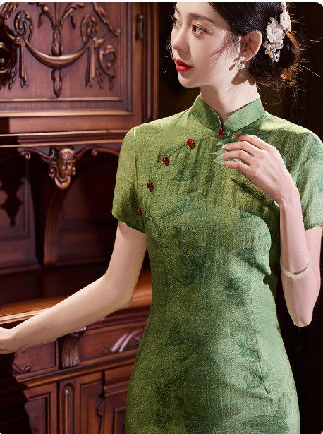 [绿草如茵]Green New Chinese Hanfu Qipao Dress