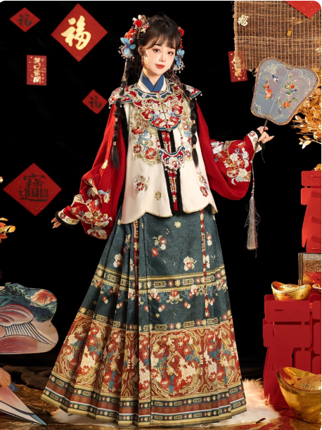 【阳和启蛰】Ming Dynasty Hanfu horse face skirt cloud shoulder embroidery set