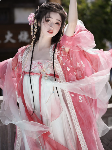 【桃花】 chest length skirt Ruqun large sleeved shirt set