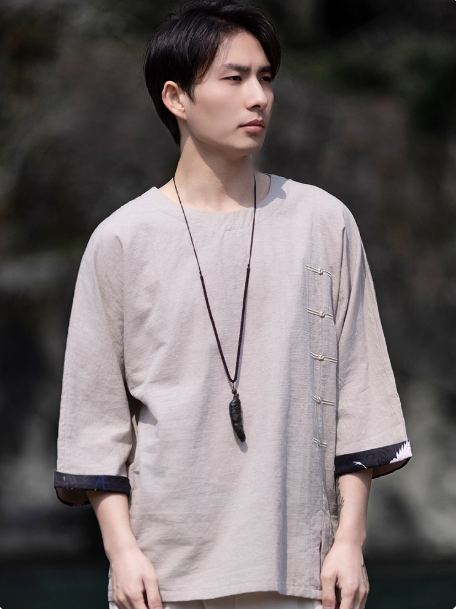 Linen Shirt for Men Round Neck Cotton Linen Tee