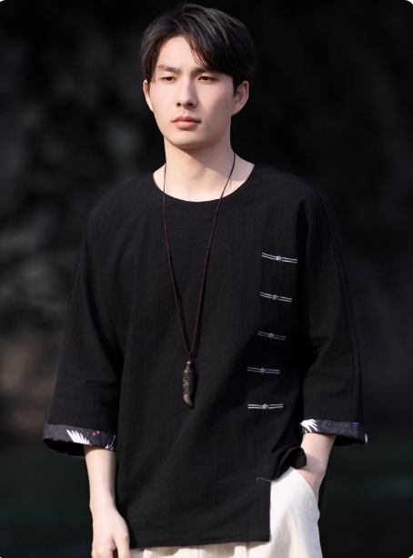 Linen Shirt for Men Round Neck Cotton Linen Tee