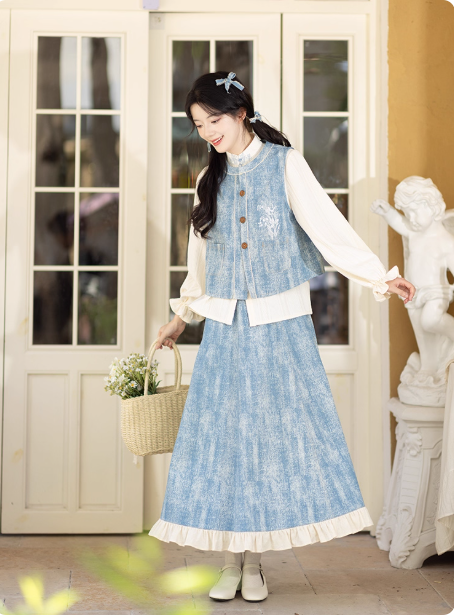 【白露:小花束】New Chinese style Bijia short shirt, denim tattered skirt, Hanfu