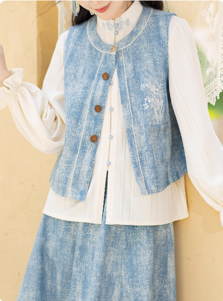 【白露:小花束】New Chinese style Bijia short shirt, denim tattered skirt, Hanfu