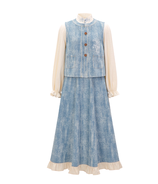 【白露:小花束】New Chinese style Bijia short shirt, denim tattered skirt, Hanfu