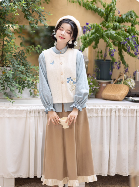 【白露:蓝鸢之森】New Chinese style standing collar shirt, tattered skirt, Hanfu
