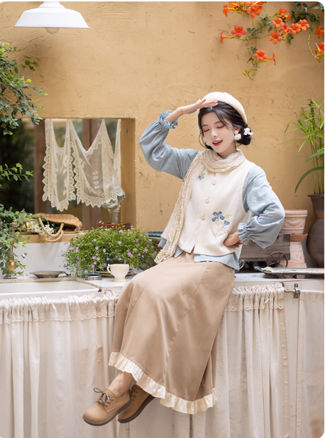 【白露:蓝鸢之森】New Chinese style standing collar shirt, tattered skirt, Hanfu