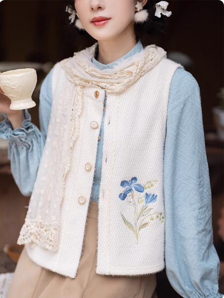 【白露:蓝鸢之森】New Chinese style standing collar shirt, tattered skirt, Hanfu