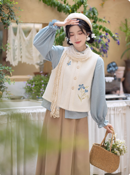 【白露:蓝鸢之森】New Chinese style standing collar shirt, tattered skirt, Hanfu