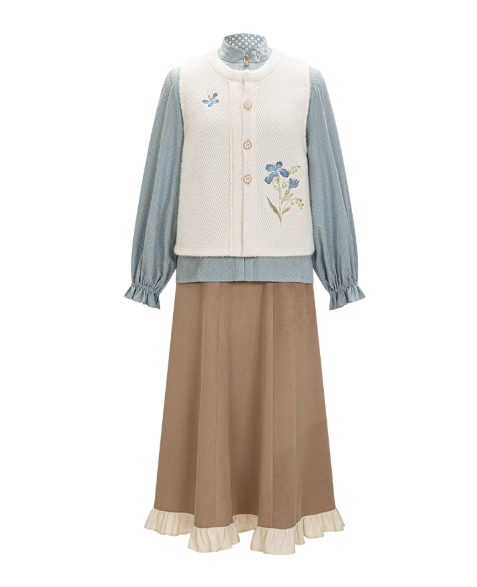 【白露:蓝鸢之森】New Chinese style standing collar shirt, tattered skirt, Hanfu