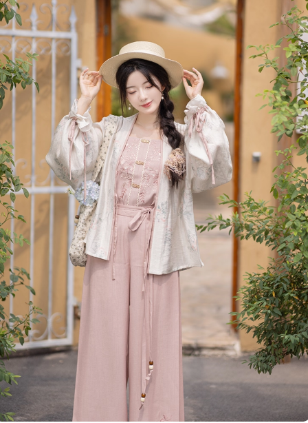 【白露:合欢花影】Song style short shirt, suspender, Song pants, new Chinese Hanfu