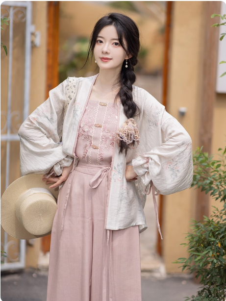 【白露:合欢花影】Song style short shirt, suspender, Song pants, new Chinese Hanfu
