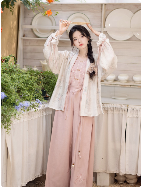【白露:合欢花影】Song style short shirt, suspender, Song pants, new Chinese Hanfu