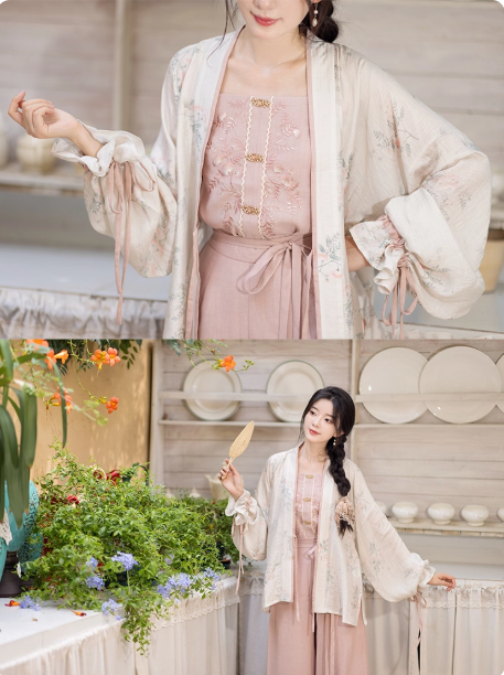 【白露:合欢花影】Song style short shirt, suspender, Song pants, new Chinese Hanfu