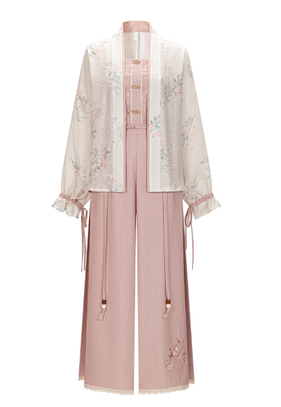 【白露:合欢花影】Song style short shirt, suspender, Song pants, new Chinese Hanfu