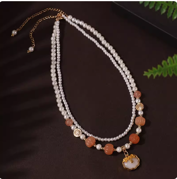 Antique style necklace, double-layer pearl pendant, Hanfu accessories