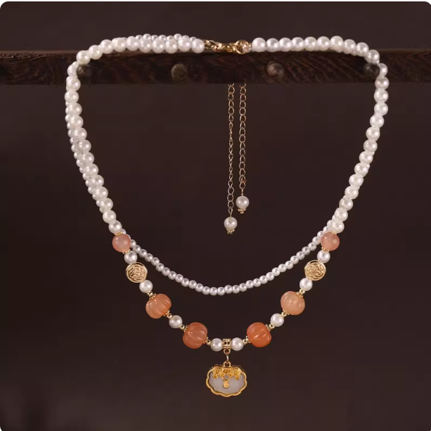 Antique style necklace, double-layer pearl pendant, Hanfu accessories