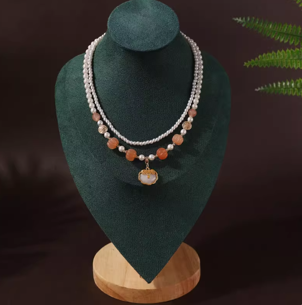 Antique style necklace, double-layer pearl pendant, Hanfu accessories