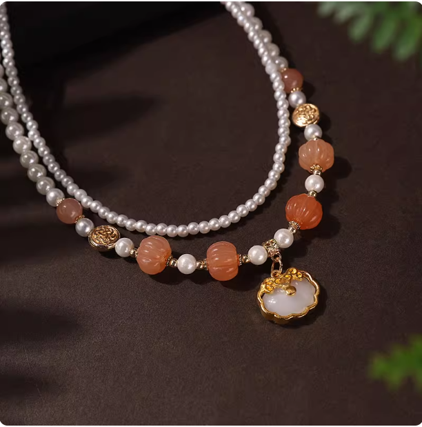 Antique style necklace, double-layer pearl pendant, Hanfu accessories