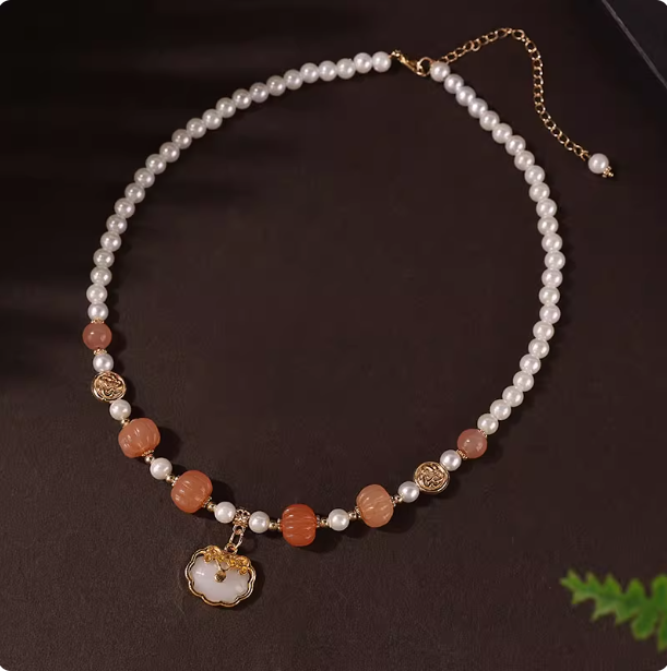 Antique style necklace, double-layer pearl pendant, Hanfu accessories