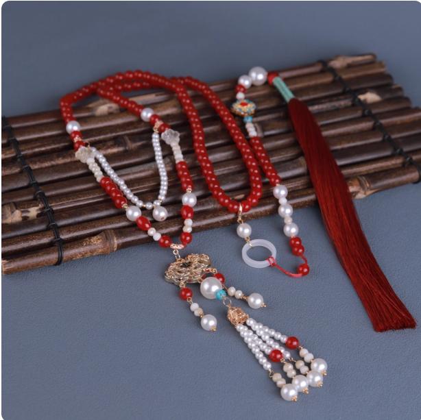 Antique Hanfu necklace, long tassel pearl Hanfu accessory