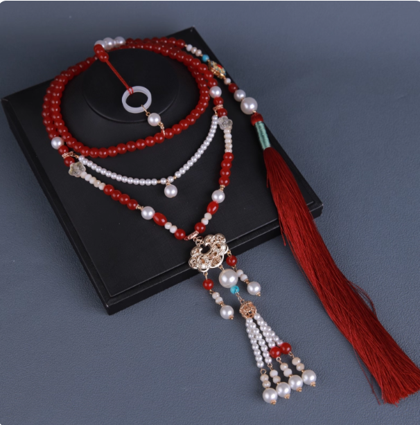 Antique Hanfu necklace, long tassel pearl Hanfu accessory