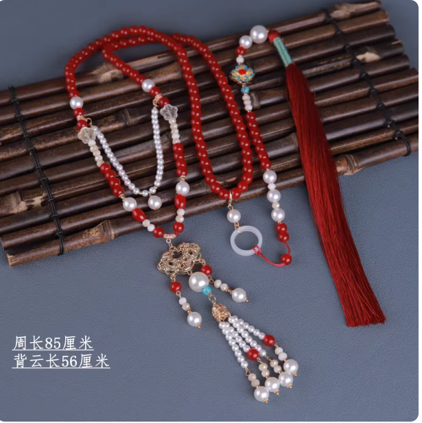 Antique Hanfu necklace, long tassel pearl Hanfu accessory