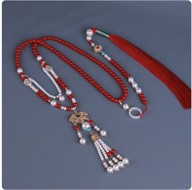 Antique Hanfu necklace, long tassel pearl Hanfu accessory