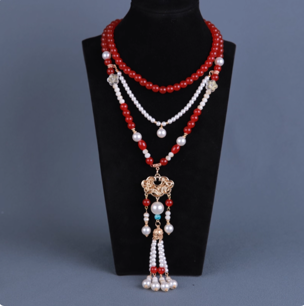Antique Hanfu necklace, long tassel pearl Hanfu accessory