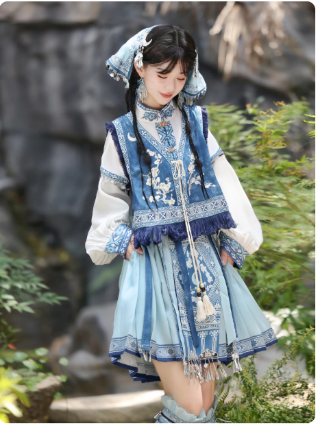 [银岭月]Han-inspired Bijia & Elastic Horse-face Skirt Set | Miao Tribe Inspired Ethnic Style