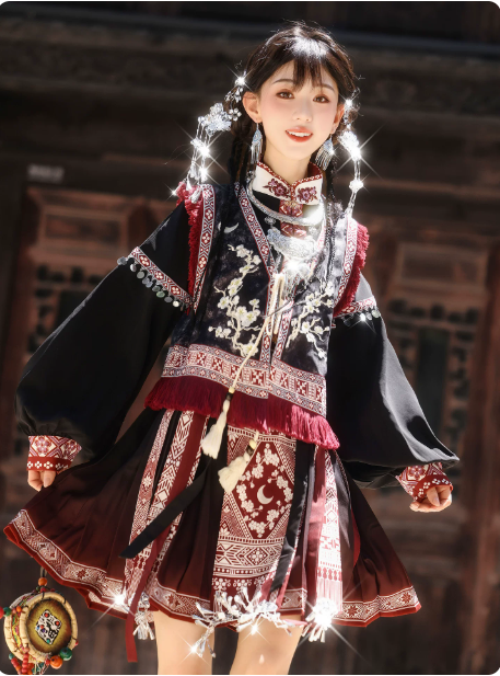 [银岭月]Han-inspired Bijia & Elastic Horse-face Skirt Set | Miao Tribe Inspired Ethnic Style