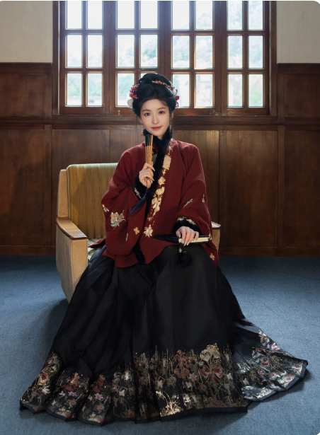 [花束玫瑰]Ming-style Hanfu Set: Fleece-lined Winter Short Ao (Cross-collar) & Horse-face Skirt