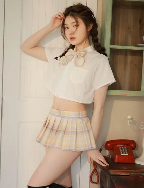 JK Uniform Style Costume Set: Cute Crop Top, Plaid Pleated Mini Skirt & Bow Tie