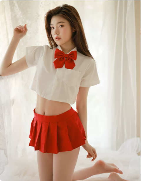 JK Uniform Style Costume Set: Cute Crop Top, Plaid Pleated Mini Skirt & Bow Tie